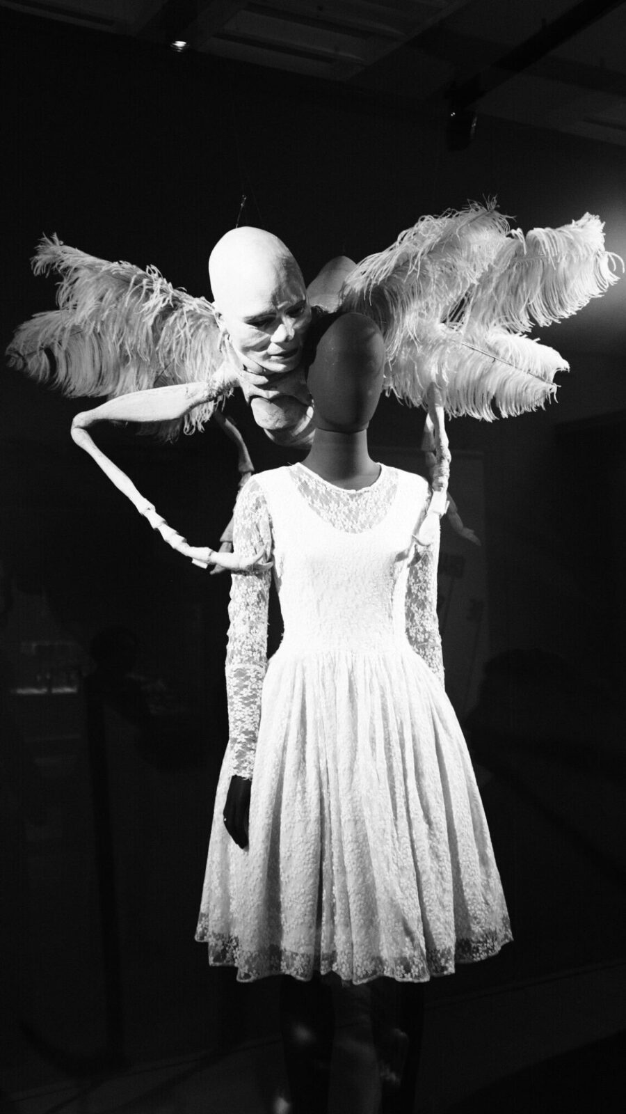 Silhouette en robe blanche avec ailes dans un espace sombre